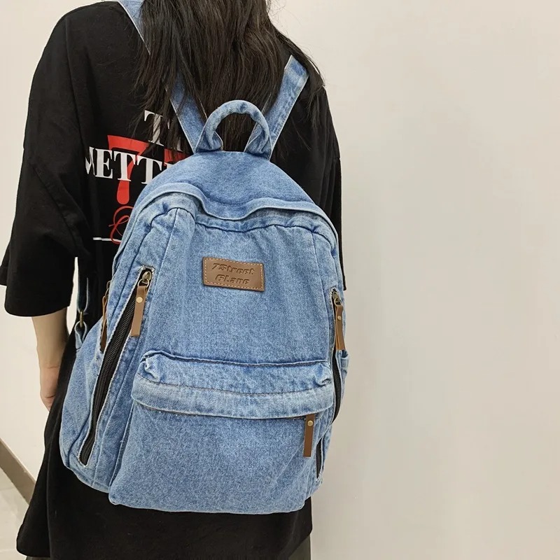 Embroidery Jeans - Denim-Mode-Rucksäcke für die Schule, Trendige Jeans-Tasche