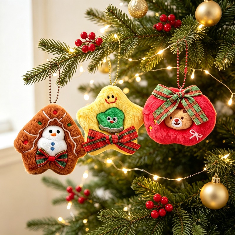 Embroidery Xmas Decorations - 3er-Pack Plüsch-Weihnachtsornamente mit Stickerei: Schneemann, Lebkuchenhaus,