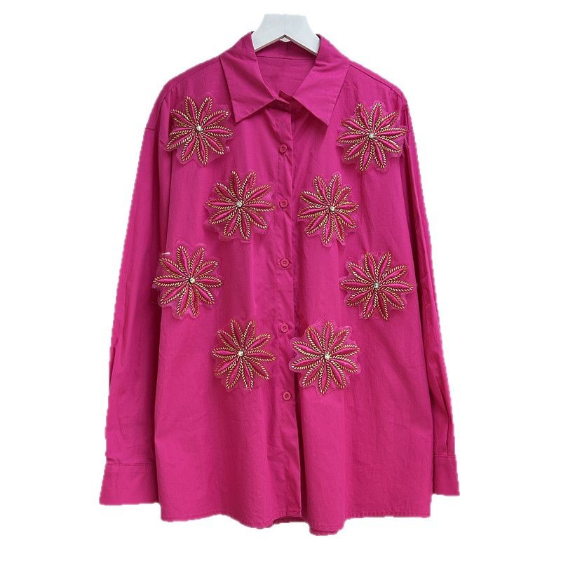 Embroidery Service - Blusen Damen Hemd Vintage Umlegekragen Langarm-Oberteile