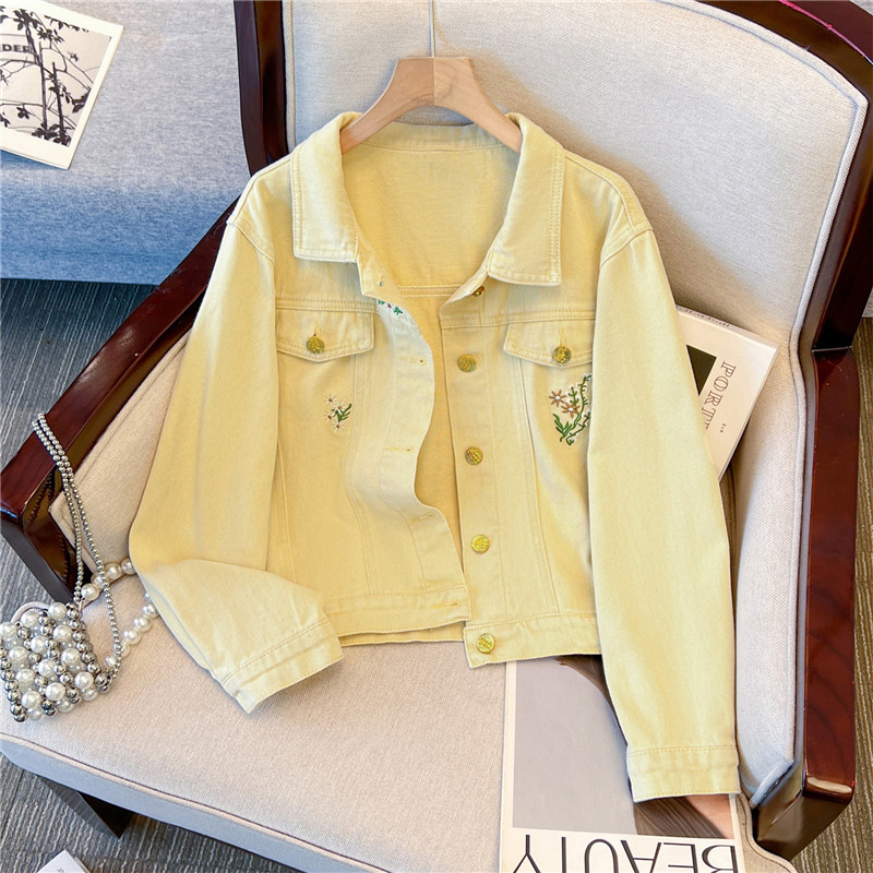 Embroidery Jacket Jeans - Koreanische Vintage-Blumenstickerei Gelbe Kurze Jeansjacke für
