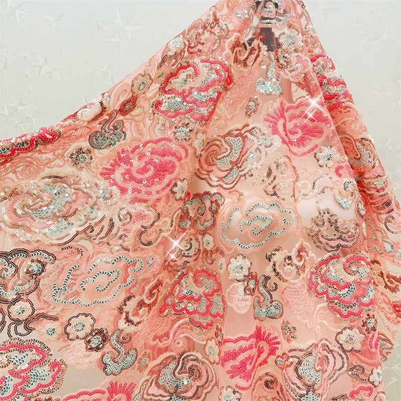 Embroidery Underlay - 2 Yards/Lot 130cm Breiter Rosa-Lila Blumen-Stickerei-Pailletten-Spitzenstoff,