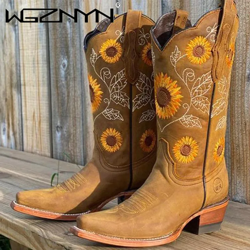 Embroidery Flower - Designer Damen Kaffeebraune Stickereistiefel PU-Leder Bedruckte