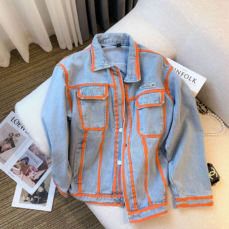 Embroidery Jacket Jeans - Retro Frauen Gestreiften Graffiti Kontrast Farbe
