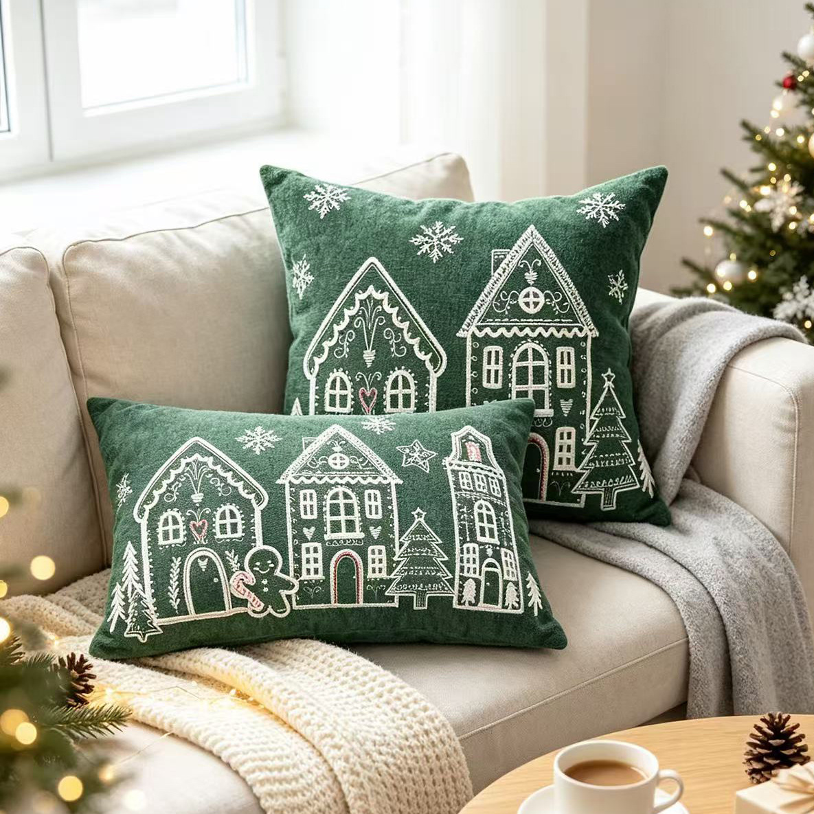 Embroidery Xmas Decorations - Weihnachts-Chenille-Kissenbezug mit Lebkuchenhaus-Stickerei, Grün Elfenbein, Weihnachtskissenhülle