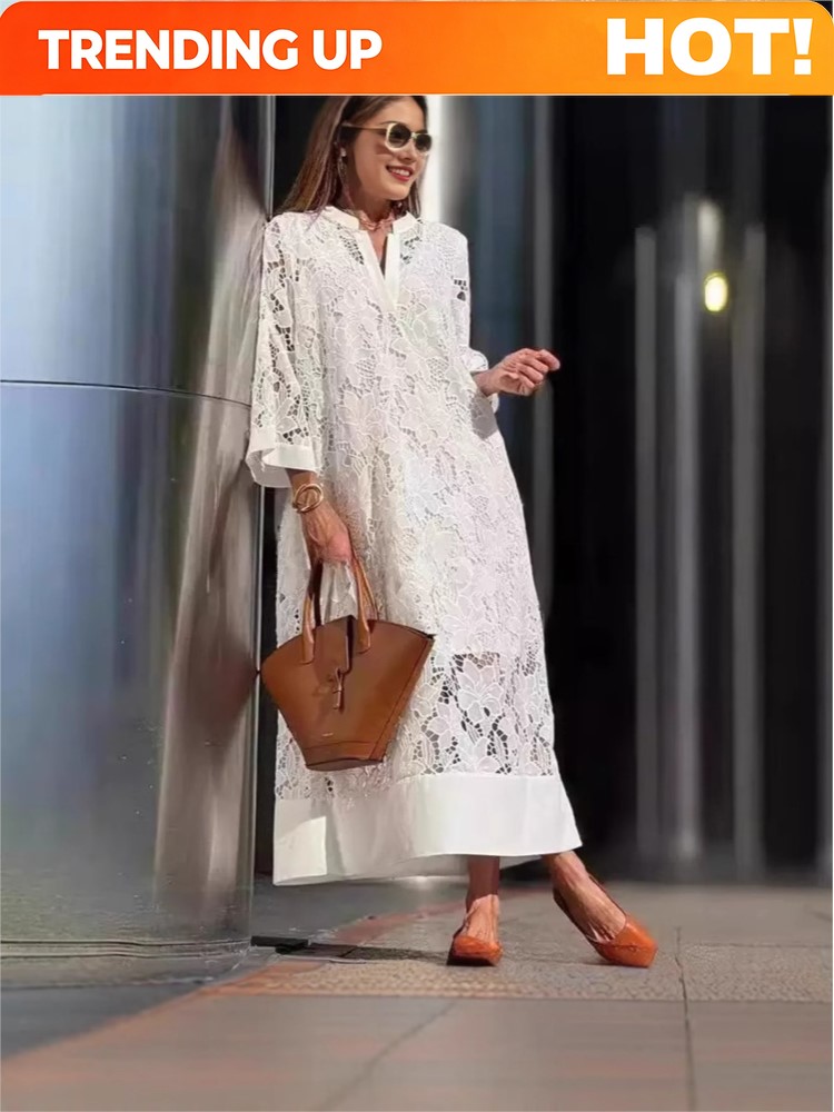 Embroidery Flower - Weißes Spitzenkleid mit Stickerei für Damen,