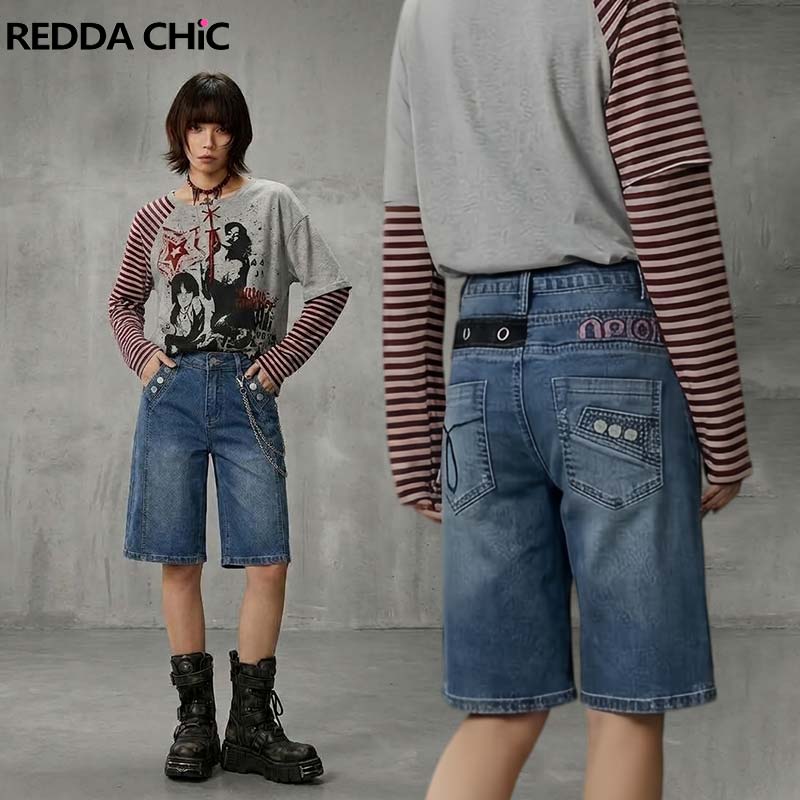Embroidery Jeans - REDDACHiC Y2K Damen Gerade Jeans-Shorts Punk-Style
