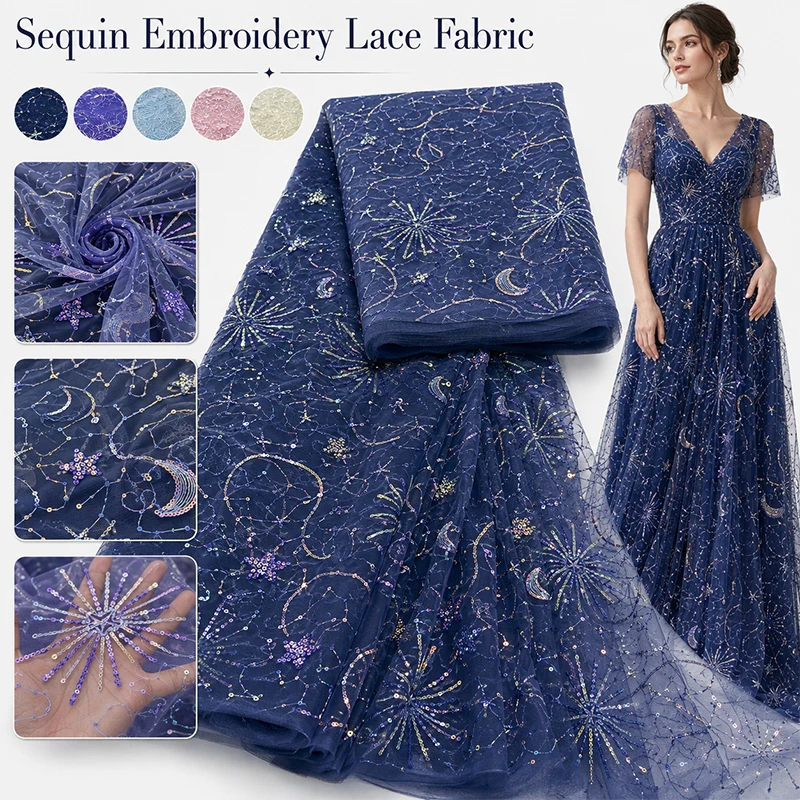 Embroidery Underlay - Bunter Stern-Mond-Pailletten-Stickerei-Tüllstoff, weicher Netzstoff für Abendkleider,