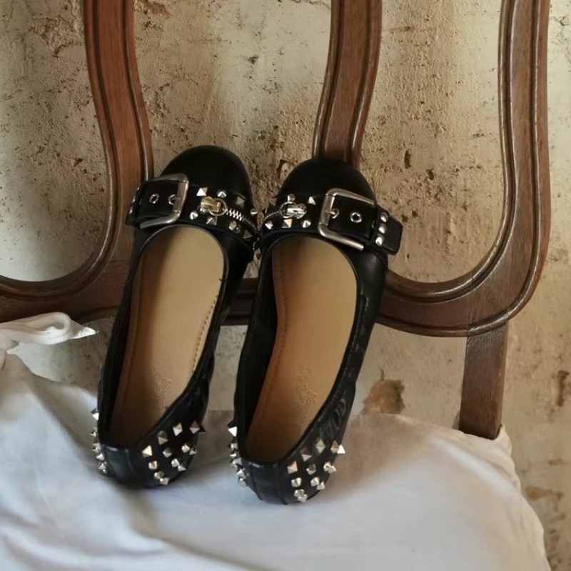 Embroidery Flat Shoes - Bolt Round-head Single Shoe Damen-Lederschuhe mit