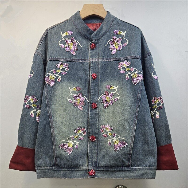 Embroidery Jacket Jeans - Schwer verzierte Pailletten-Blumenstickerei, kontrastfarbene Jeansjacke, blau-schwarz,