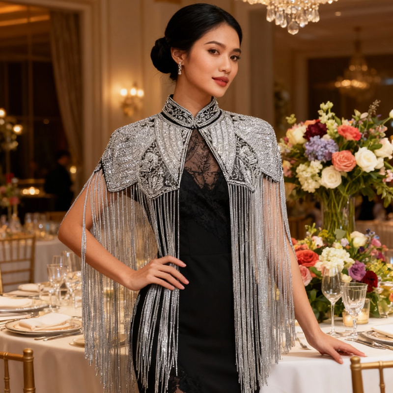 Feiner Perlen-Schal mit langen – Embroidery Shawl Bewertung und Preis